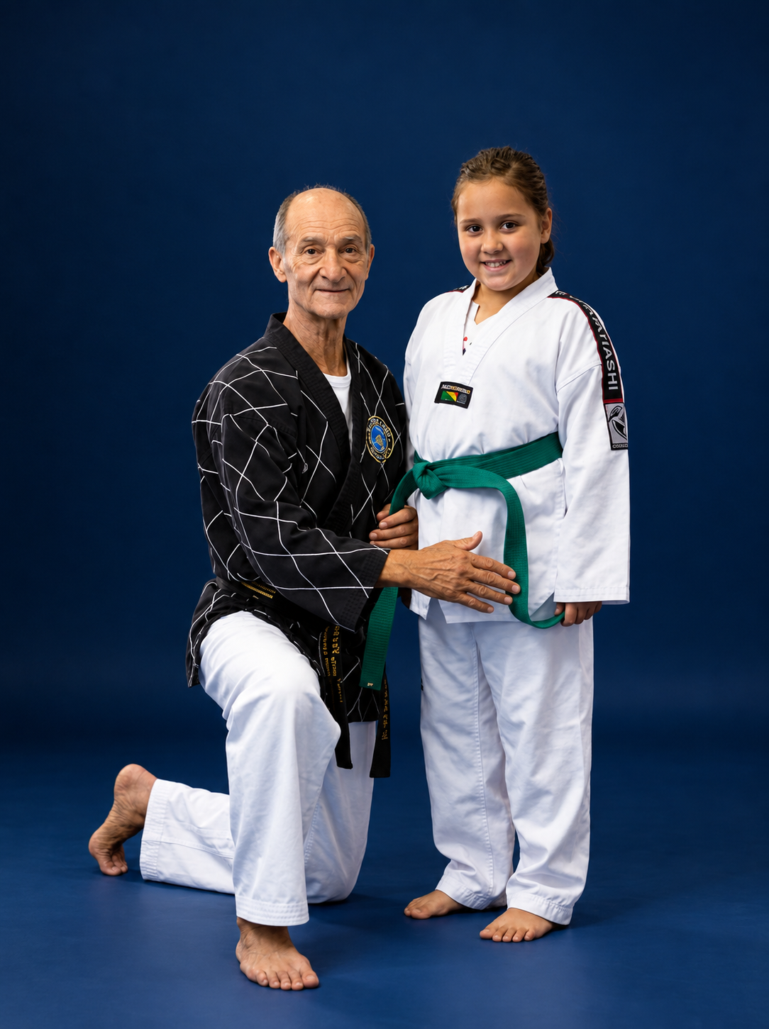 Professor da Academia Abreu ao lado de aluna de Taekwondo com dobok e faixa verde