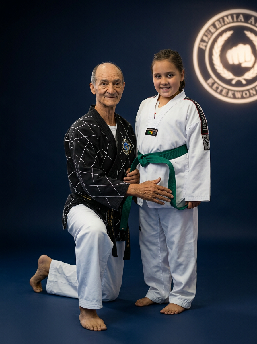 Professor da Academia Abreu ao lado de aluna de Taekwondo com dobok e faixa verde